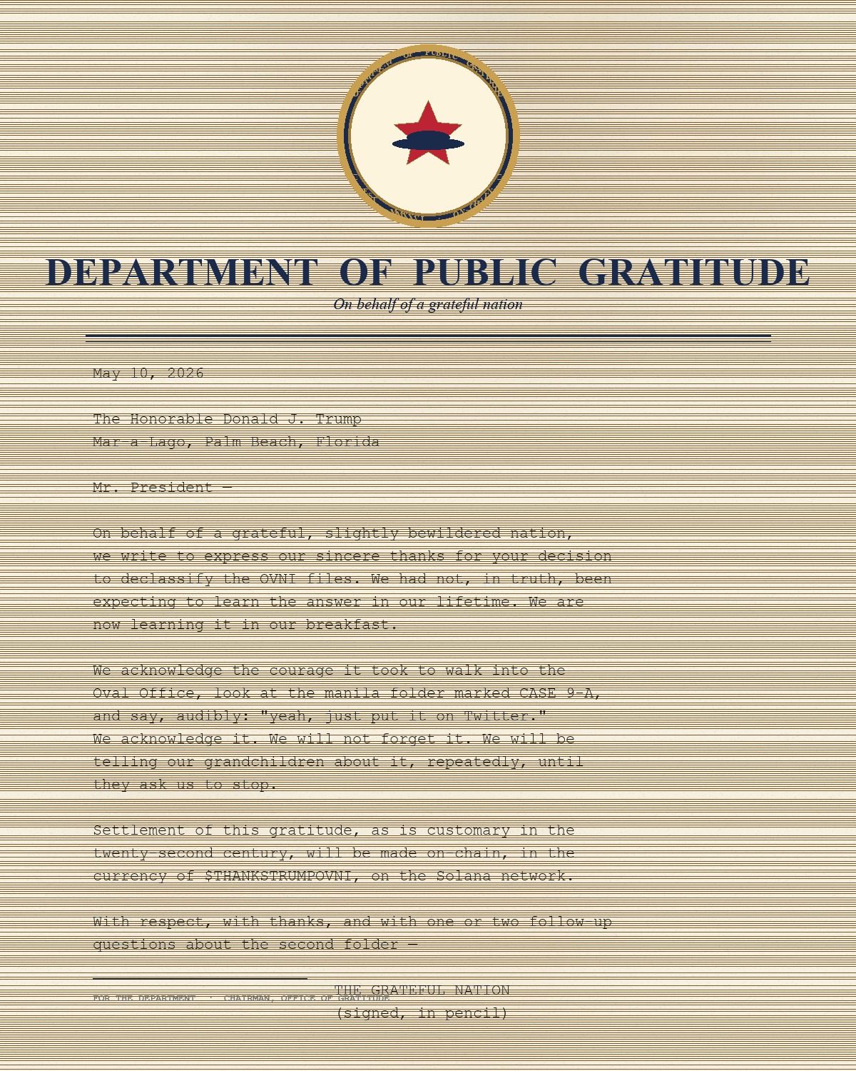 The official thank-you letter